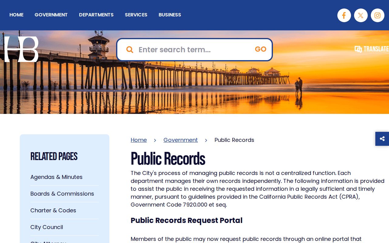 Huntington Beach people search through the city public records page