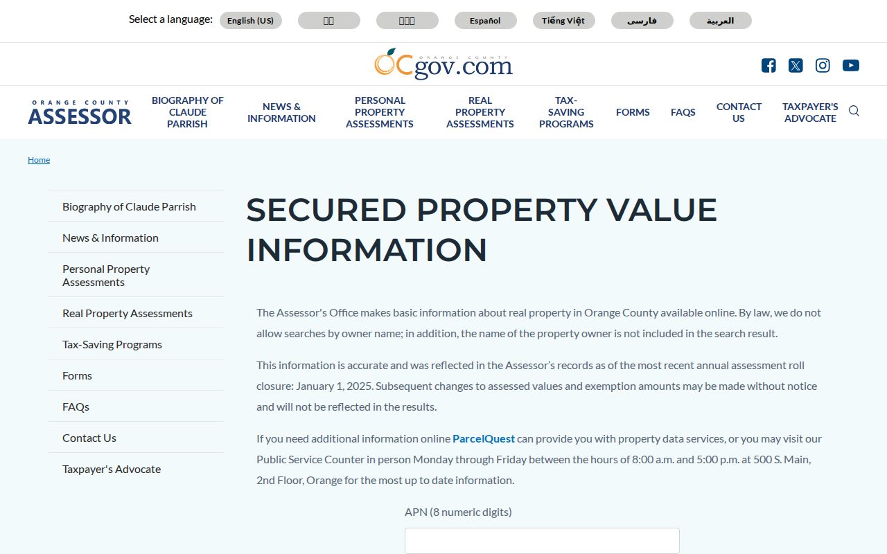 Huntington Beach people search using the Orange County Assessor APN form