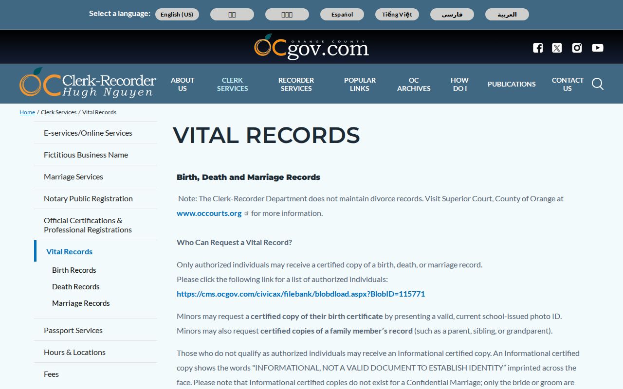 Huntington Beach public records vital certificate request options