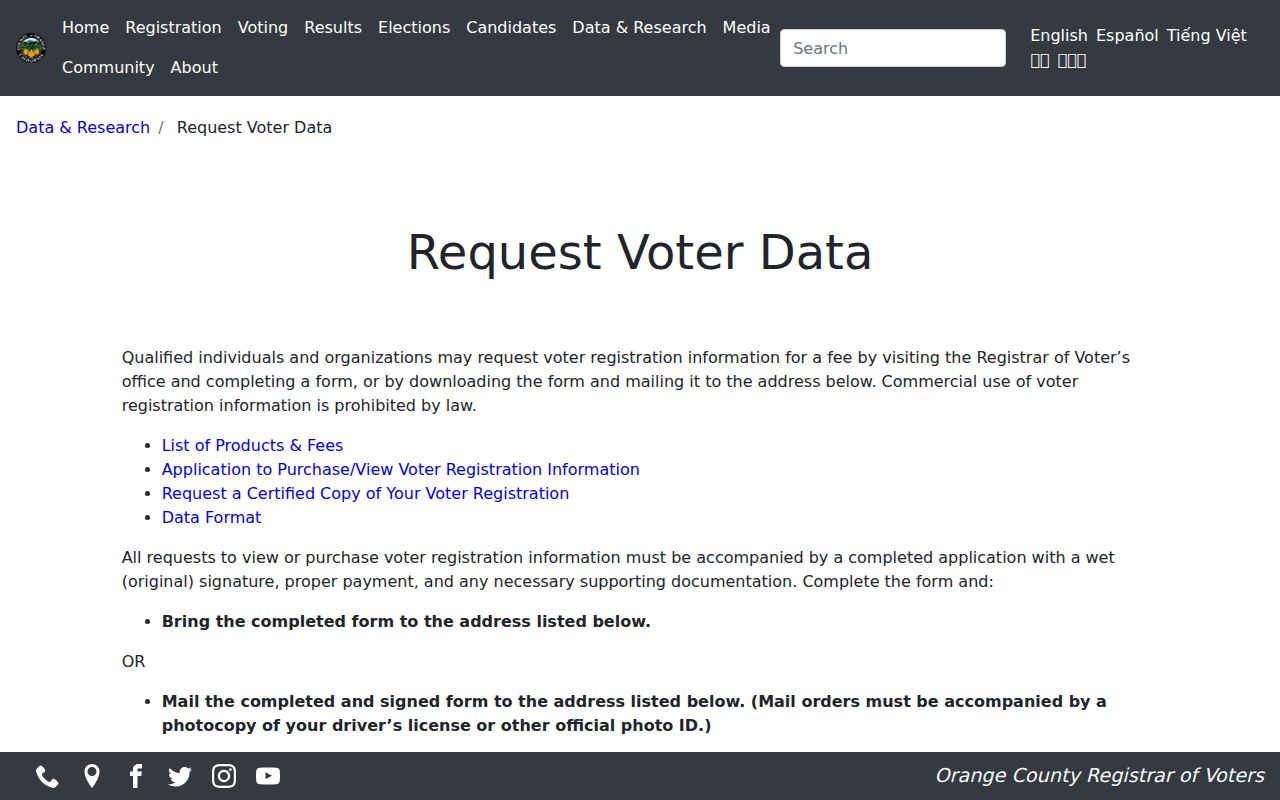 Huntington Beach voter registration data request page from Orange County